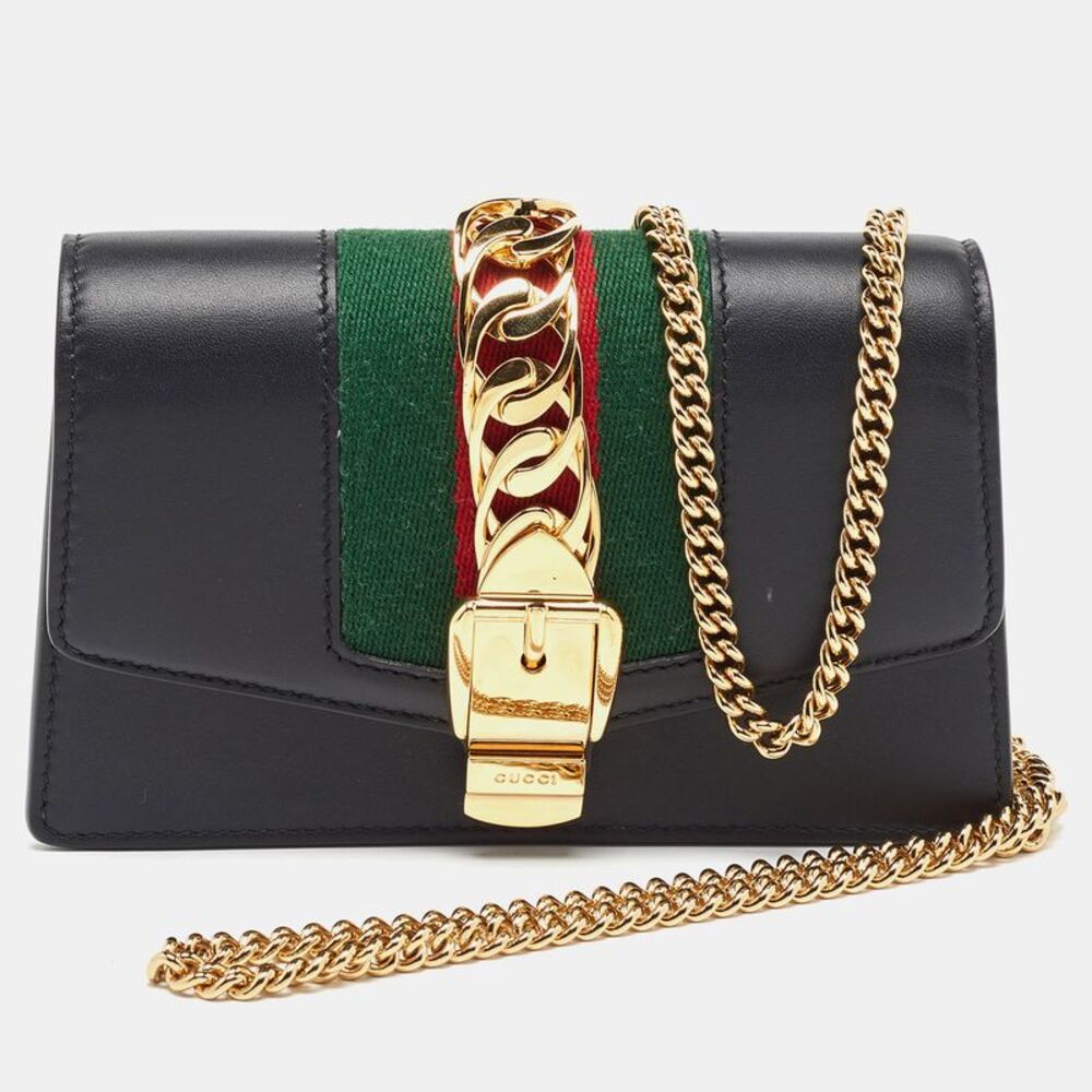 Gucci Black Leather Super Mini Sylvie Wallet On Chain